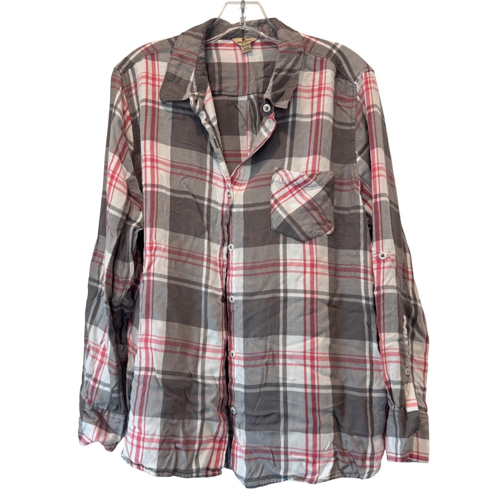 Woolrich Shirt Womens XXL Grey Pink Plaid Button Down Roll Tab Long Sleeve Fall